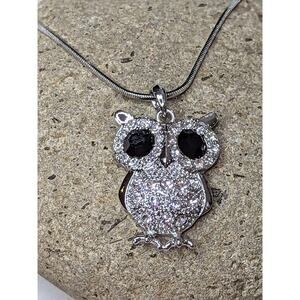 Large Owl Necklace White Gold Plated Pendant with Crystals
